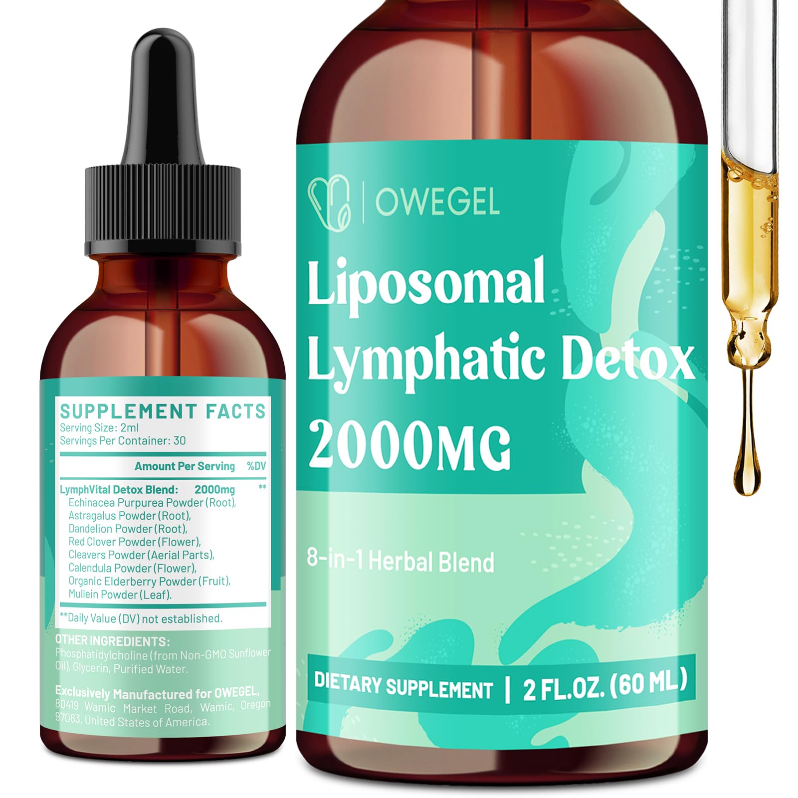 owegel Liposomal Lymphatic Drainage Drops 2000mg – Immune & Lymph System Support – Lymphatic Detox and Cleanse with Echinacea, Red Clover, Dandelion & Cleavers – Sugar-Free, Alcohol-Free – 2 FL OZ - dailyvitalstore