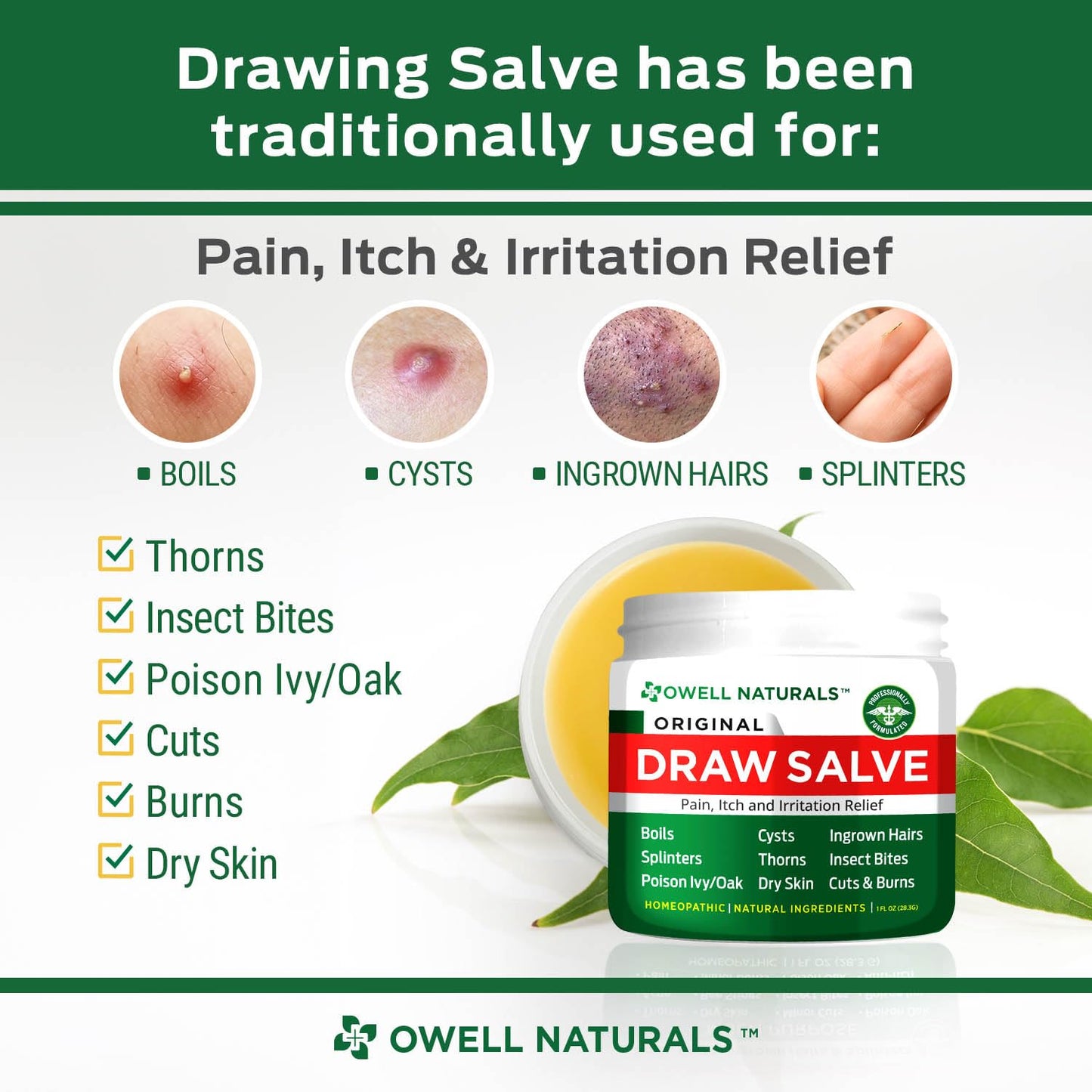 OWELL Naturals Drawing Salve Ointment for Boil & Cyst Removal, Deep Ingrown Hair, Splinter Remover, Bug Spider Bites, Bee Sting, Mosquito Itching, Poison Ivy - dailyvitalstore
