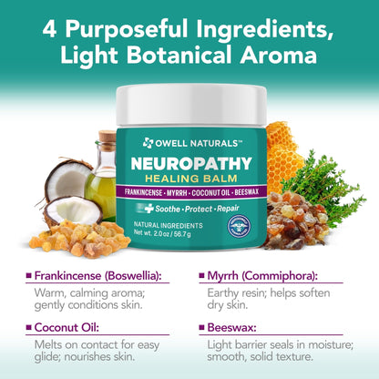 Owell Naturals Neuropathy Balm for Feet, Muscles & Joints – Long Lasting Comfort Formula with Frankincense, Myrrh, Coconut Oil, Beeswax – Fast Absorbing Botanical Skin Care, 2 oz - dailyvitalstore