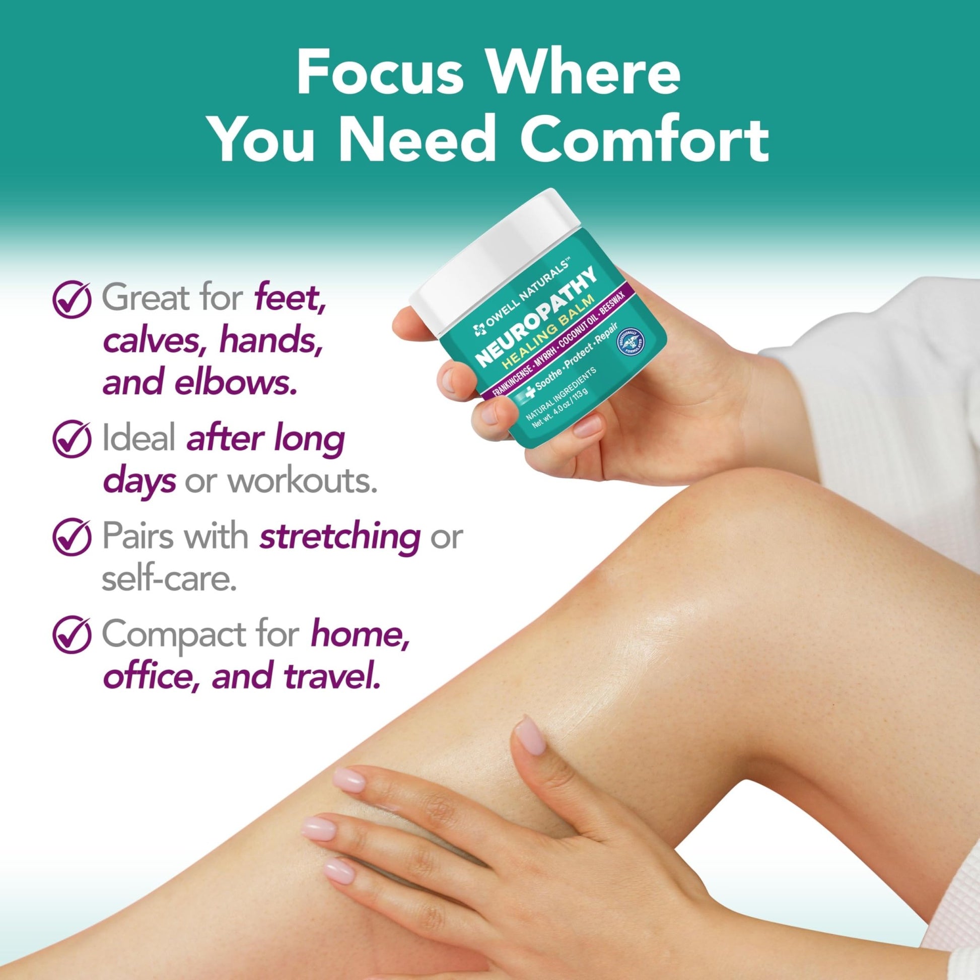 Owell Naturals Neuropathy Balm for Feet, Muscles & Joints – Long Lasting Comfort Formula with Frankincense, Myrrh, Coconut Oil, Beeswax – Fast Absorbing Botanical Skin Care, 2 oz - dailyvitalstore