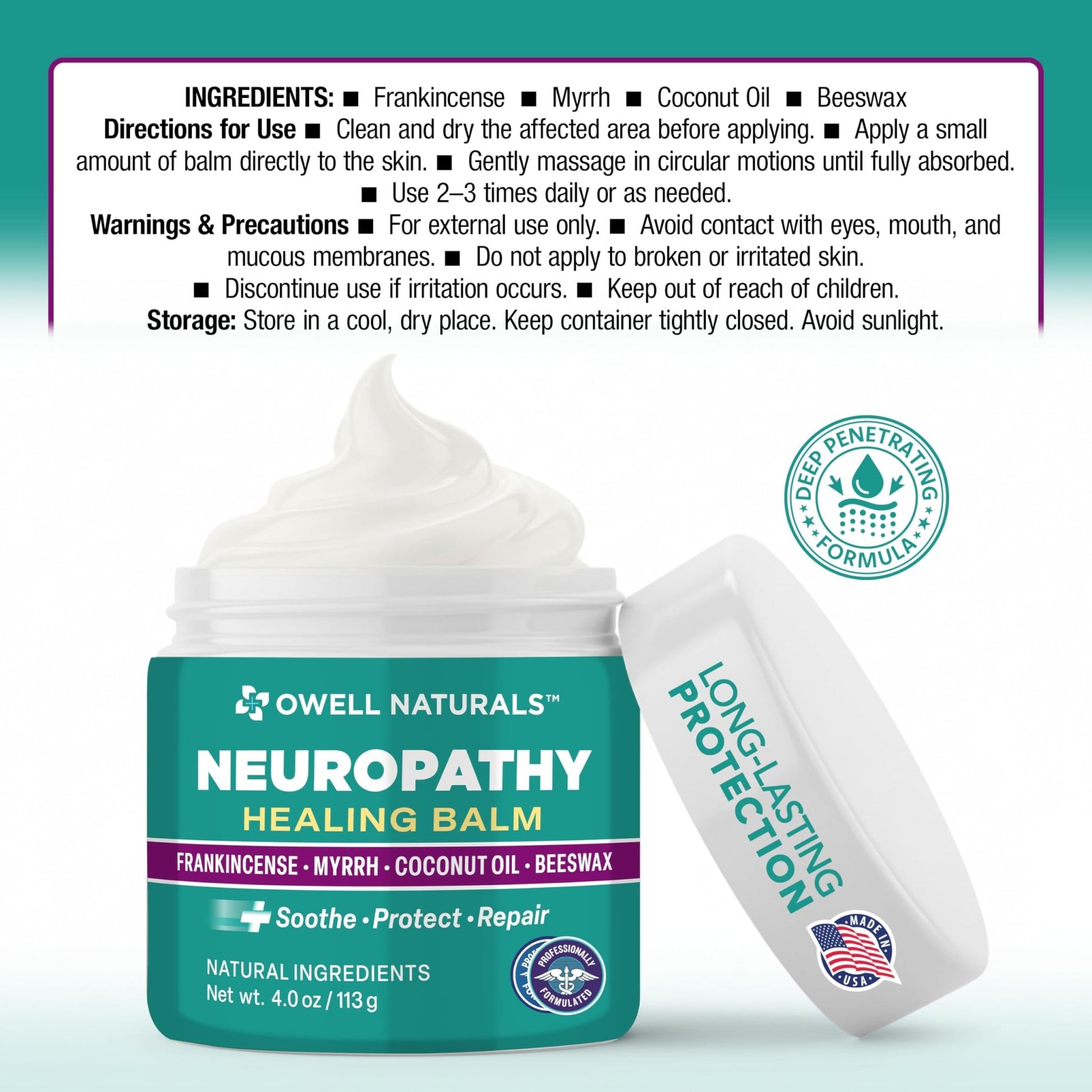 Owell Naturals Neuropathy Balm for Feet, Muscles & Joints – Long Lasting Comfort Formula with Frankincense, Myrrh, Coconut Oil, Beeswax – Fast Absorbing Botanical Skin Care, 2 oz - dailyvitalstore