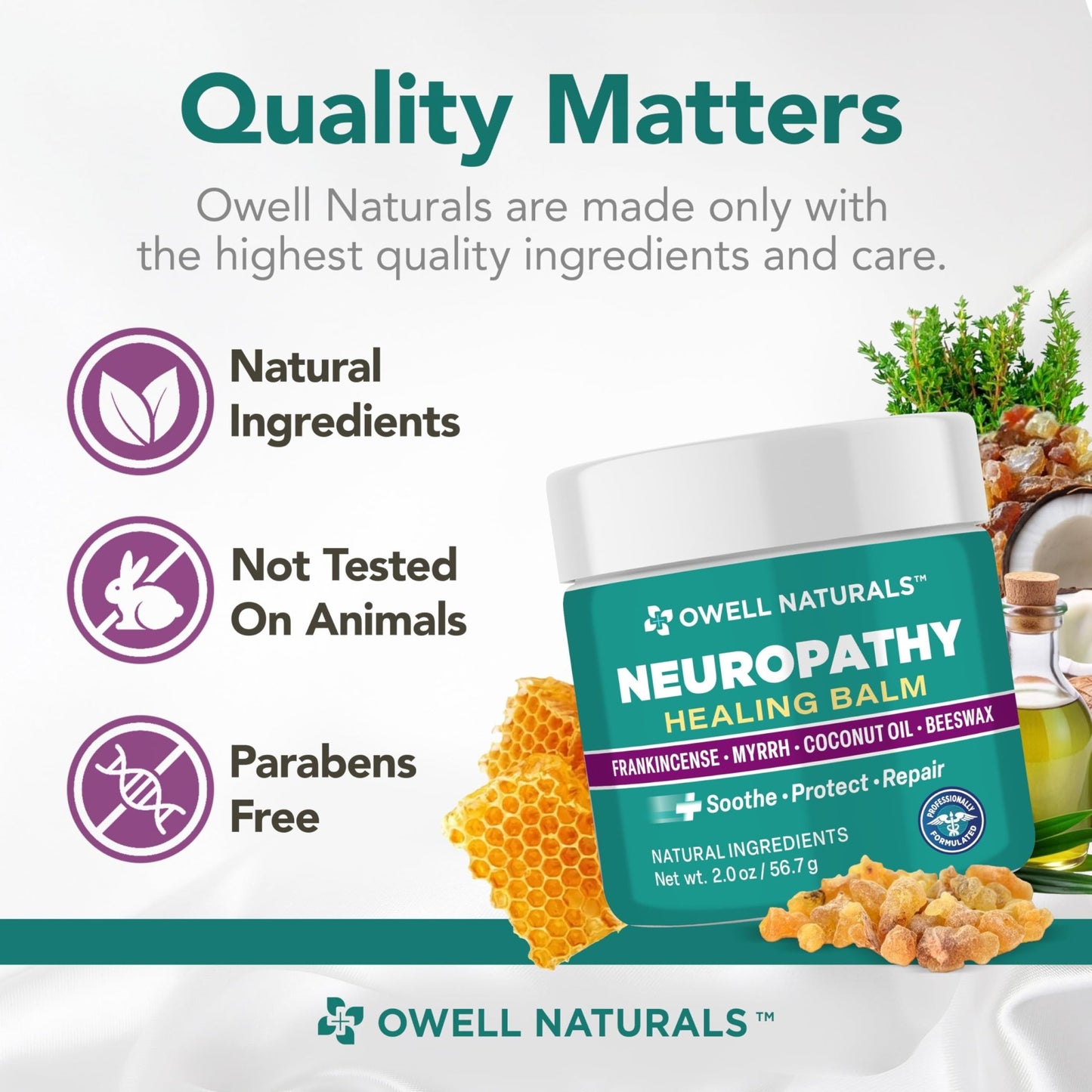 Owell Naturals Neuropathy Balm for Feet, Muscles & Joints – Long Lasting Comfort Formula with Frankincense, Myrrh, Coconut Oil, Beeswax – Fast Absorbing Botanical Skin Care, 2 oz - dailyvitalstore