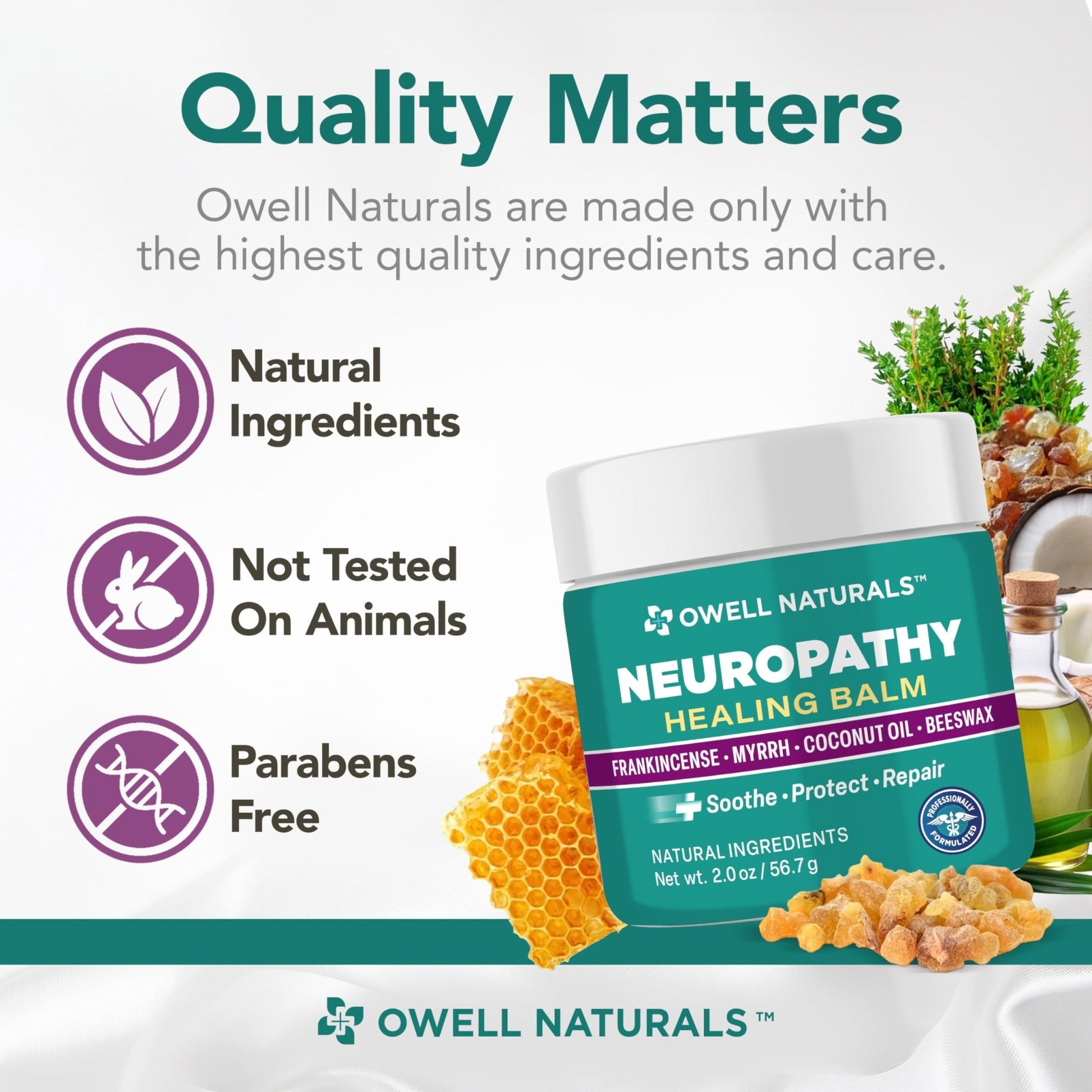 Owell Naturals Neuropathy Balm for Feet, Muscles & Joints – Long Lasting Comfort Formula with Frankincense, Myrrh, Coconut Oil, Beeswax – Fast Absorbing Botanical Skin Care, 2 oz - dailyvitalstore
