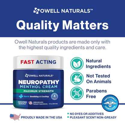 Owell Naturals Neuropathy Cream Extra Strength – Fast Absorbing Cooling for Leg, Feet & Hands – Advanced Soothing Formula with Aloe Vera, Arnica, MSM & Vitamin B6 – Made in USA, 2 fl oz - dailyvitalstore