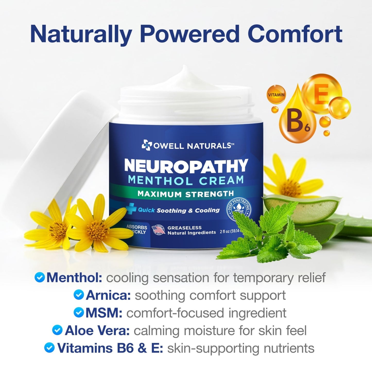 Owell Naturals Neuropathy Cream Extra Strength – Fast Absorbing Cooling for Leg, Feet & Hands – Advanced Soothing Formula with Aloe Vera, Arnica, MSM & Vitamin B6 – Made in USA, 2 fl oz - dailyvitalstore