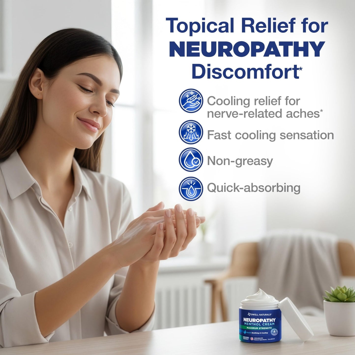 Owell Naturals Neuropathy Cream Extra Strength – Fast Absorbing Cooling for Leg, Feet & Hands – Advanced Soothing Formula with Aloe Vera, Arnica, MSM & Vitamin B6 – Made in USA, 2 fl oz - dailyvitalstore