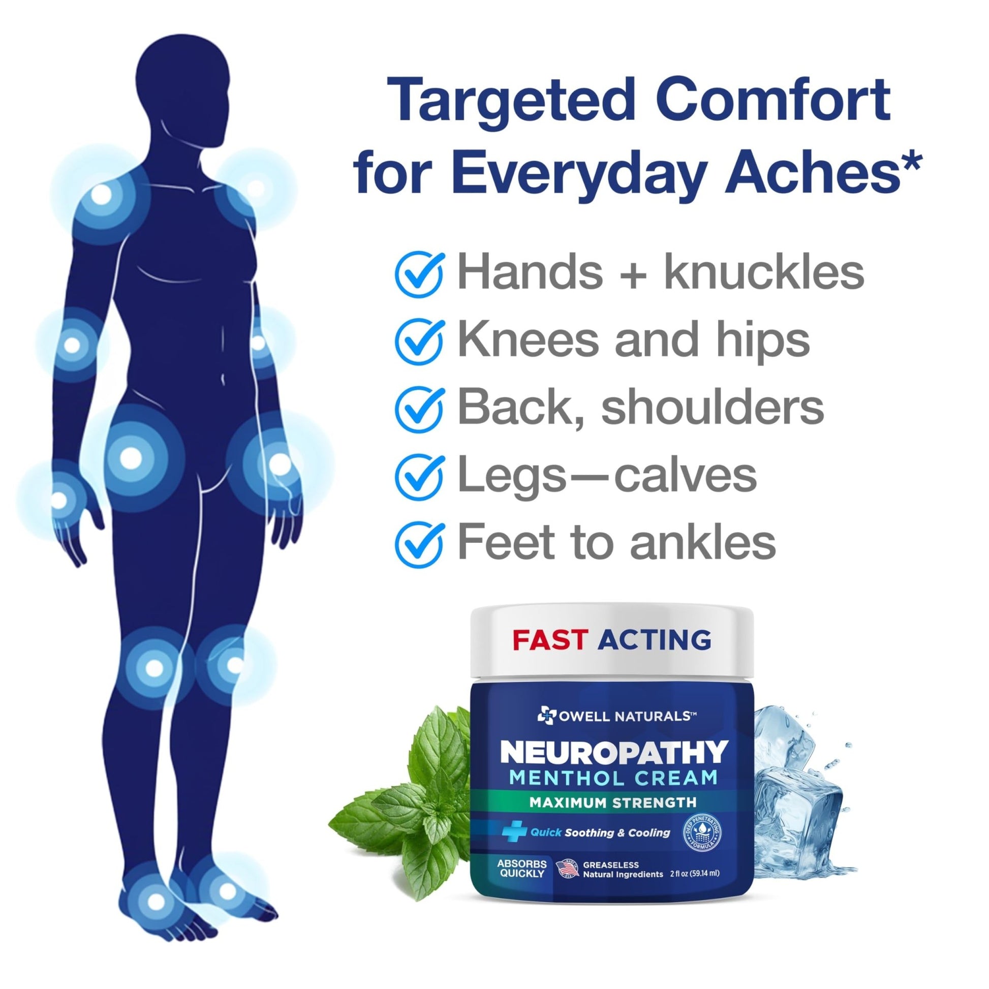 Owell Naturals Neuropathy Cream Extra Strength – Fast Absorbing Cooling for Leg, Feet & Hands – Advanced Soothing Formula with Aloe Vera, Arnica, MSM & Vitamin B6 – Made in USA, 2 fl oz - dailyvitalstore