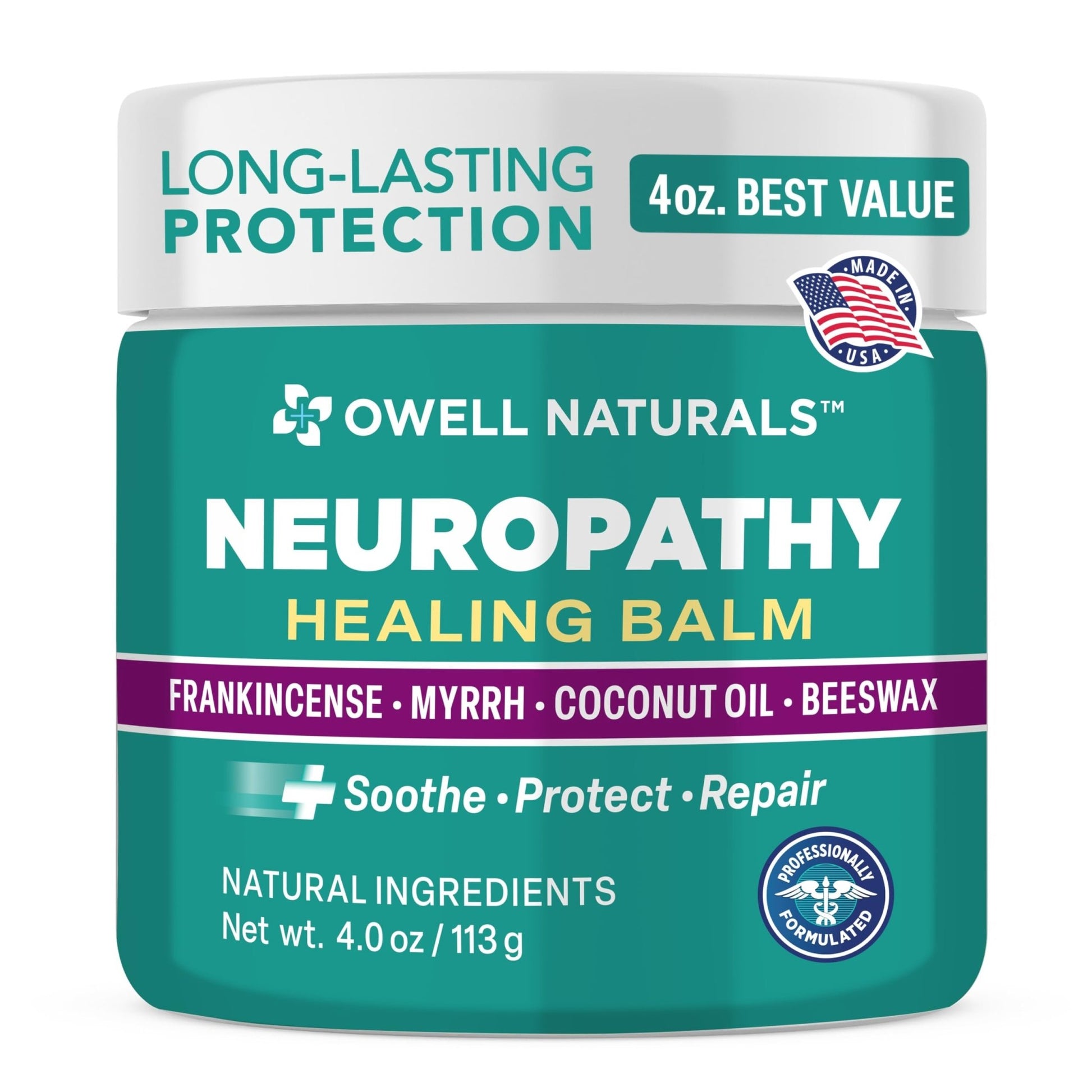 OWELL NATURALS Neuropathy Healing Balm, Fast Acting, with Frankincense, Myrrh, Coconut Oil & Beeswax, Natural Ingredients – Soothe, Protect & Repair, 4 oz (Pack of 1) - dailyvitalstore