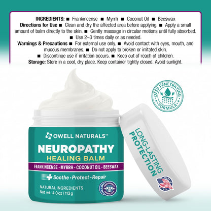 OWELL NATURALS Neuropathy Healing Balm, Fast Acting, with Frankincense, Myrrh, Coconut Oil & Beeswax, Natural Ingredients – Soothe, Protect & Repair, 4 oz (Pack of 1) - dailyvitalstore