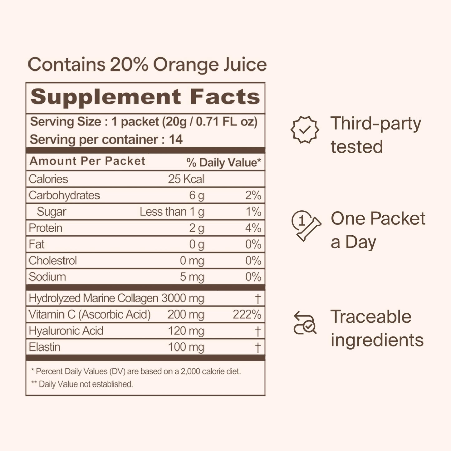 Ownist Triple Collagen Liquid Packets On-The-Go - Peptides with Hydrolyzed Marine Collagen, Elastin, Hyaluronic Acid and Vitamin for Healthy Skin - Orange Flavor - 14 Individual Stick Packs - dailyvitalstore