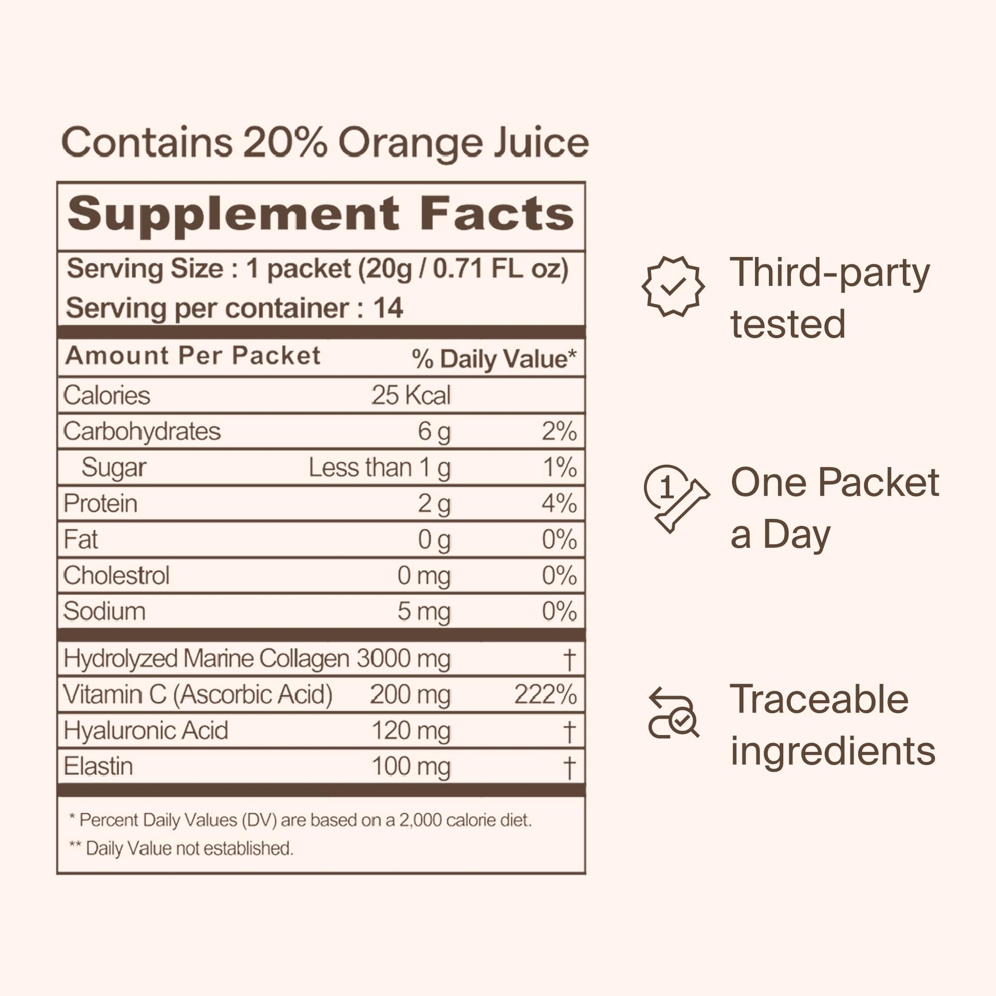 Ownist Triple Collagen Liquid Packets On-The-Go - Peptides with Hydrolyzed Marine Collagen, Elastin, Hyaluronic Acid and Vitamin for Healthy Skin - Orange Flavor - 14 Individual Stick Packs - dailyvitalstore