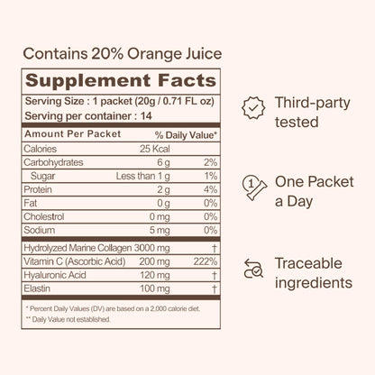 Ownist Triple Collagen Liquid Packets On-The-Go - Peptides with Hydrolyzed Marine Collagen, Elastin, Hyaluronic Acid and Vitamin for Healthy Skin - Orange Flavor - 14 Individual Stick Packs - dailyvitalstore