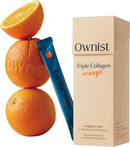 Ownist Triple Collagen Liquid Packets On-The-Go - Peptides with Hydrolyzed Marine Collagen, Elastin, Hyaluronic Acid and Vitamin for Healthy Skin - Orange Flavor - 14 Individual Stick Packs - dailyvitalstore