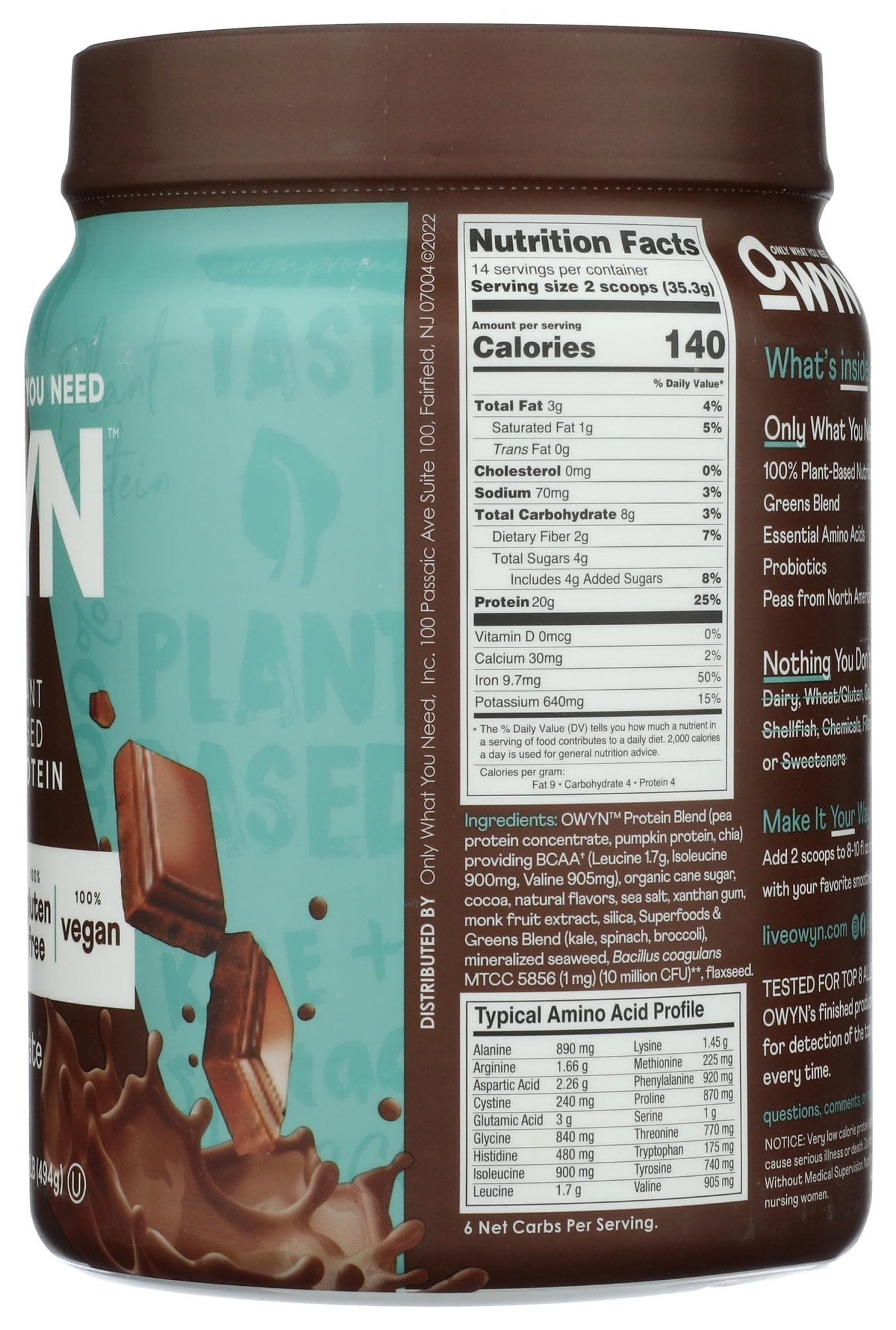 OWYN Only What You Need Plant-Based Protein Powder, Dark Chocolate, 1.17 lbs - dailyvitalstore