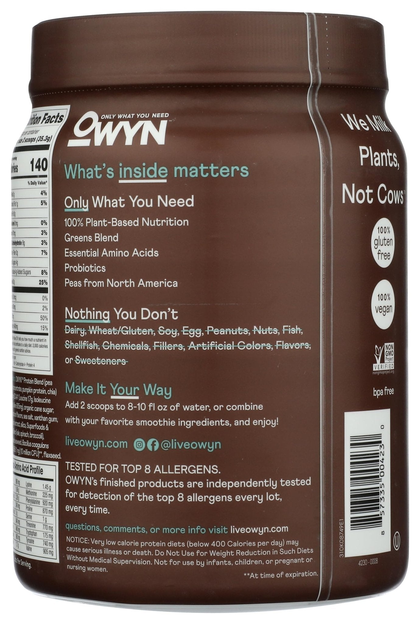 OWYN Only What You Need Plant-Based Protein Powder, Dark Chocolate, 1.17 lbs - dailyvitalstore