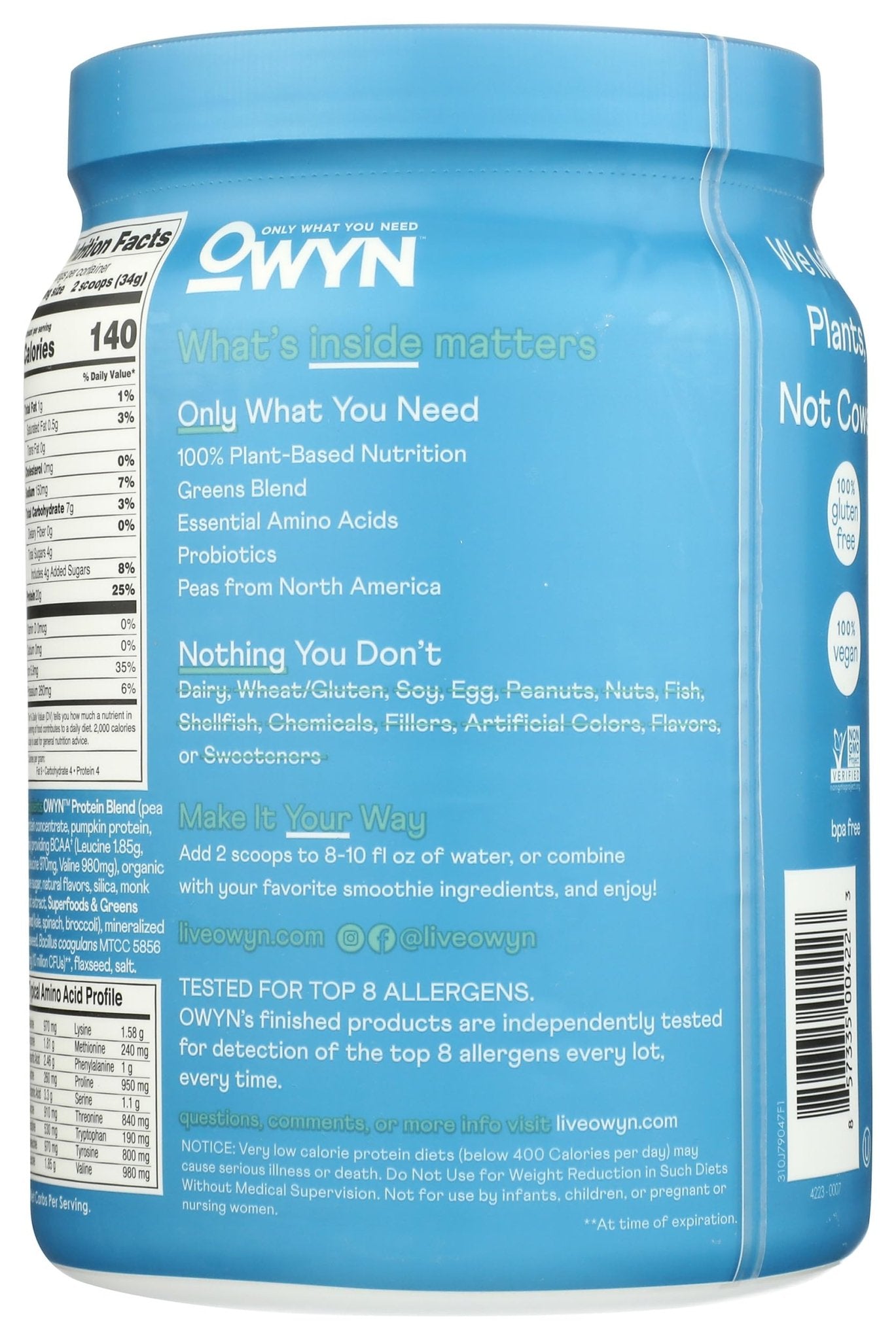 OWYN Only What You Need Plant-Based Protein Powder, Smooth Vanilla, 1.05 lbs - dailyvitalstore