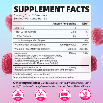 Pack of 2 Magnesium Complex Gummies 400mg, Magnesium Glycinate, Malate, Citrate, Taurate, Oxide & More | w/Ashwagandha Extract, D3 & B12 for Calm, Zzz, Relaxation, Raspberry Flavor, 120 Count - dailyvitalstore