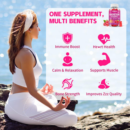 Pack of 2 Magnesium Complex Gummies 400mg, Magnesium Glycinate, Malate, Citrate, Taurate, Oxide & More | w/Ashwagandha Extract, D3 & B12 for Calm, Zzz, Relaxation, Raspberry Flavor, 120 Count - dailyvitalstore