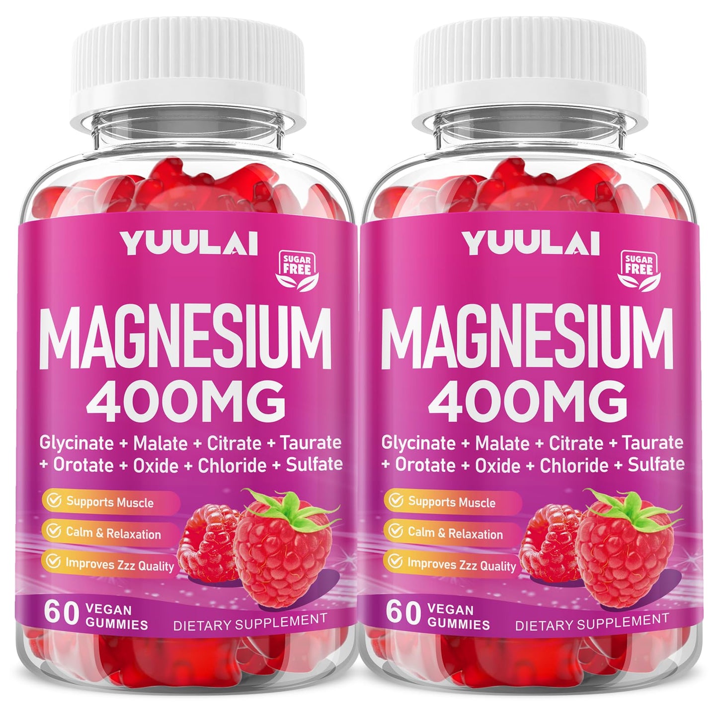 Pack of 2 Magnesium Complex Gummies 400mg, Magnesium Glycinate, Malate, Citrate, Taurate, Oxide & More | w/Ashwagandha Extract, D3 & B12 for Calm, Zzz, Relaxation, Raspberry Flavor, 120 Count - dailyvitalstore