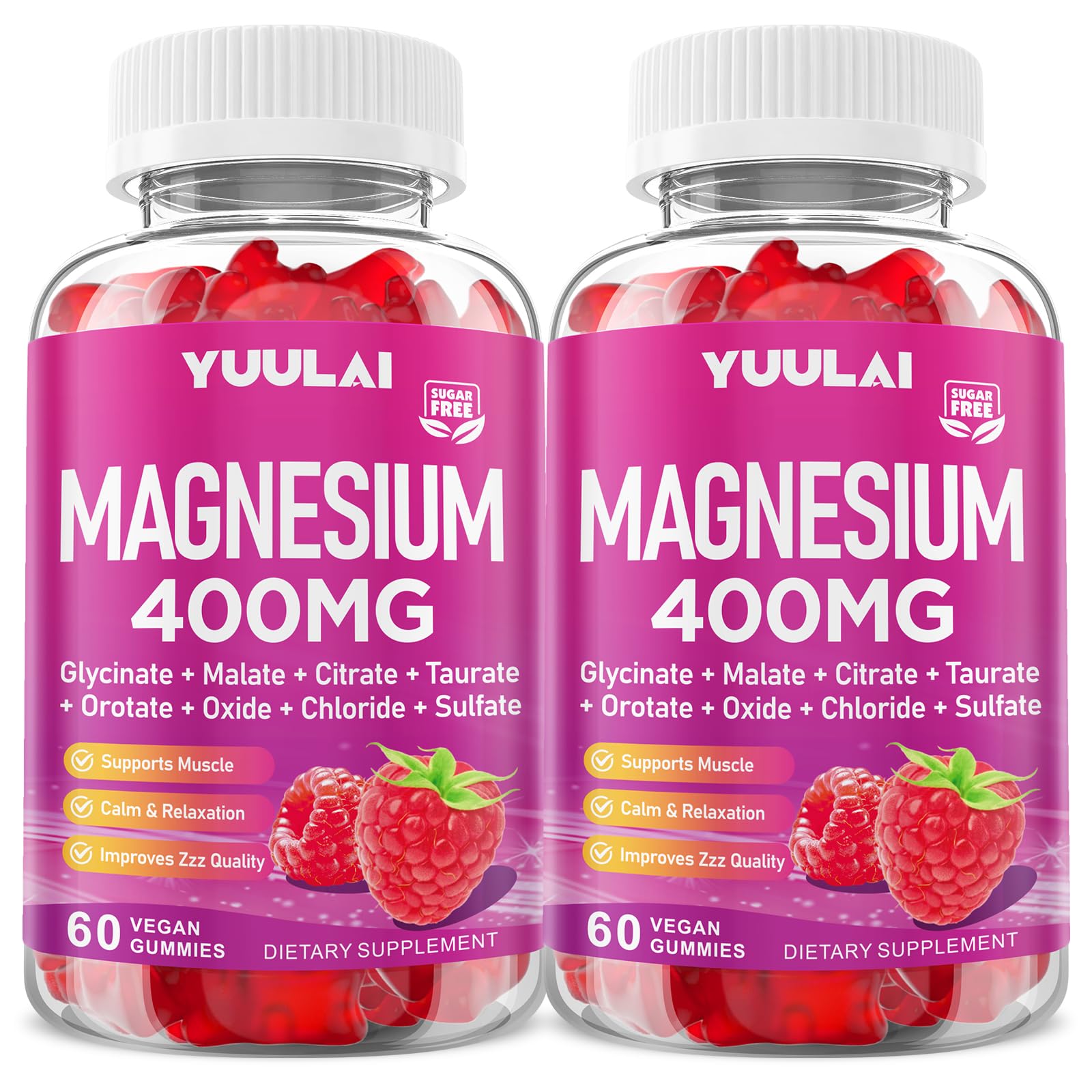 Pack of 2 Magnesium Complex Gummies 400mg, Magnesium Glycinate, Malate, Citrate, Taurate, Oxide & More | w/Ashwagandha Extract, D3 & B12 for Calm, Zzz, Relaxation, Raspberry Flavor, 120 Count - dailyvitalstore