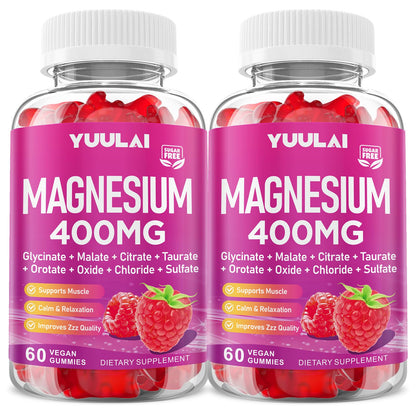 Pack of 2 Magnesium Complex Gummies 400mg, Magnesium Glycinate, Malate, Citrate, Taurate, Oxide & More | w/Ashwagandha Extract, D3 & B12 for Calm, Zzz, Relaxation, Raspberry Flavor, 120 Count - dailyvitalstore