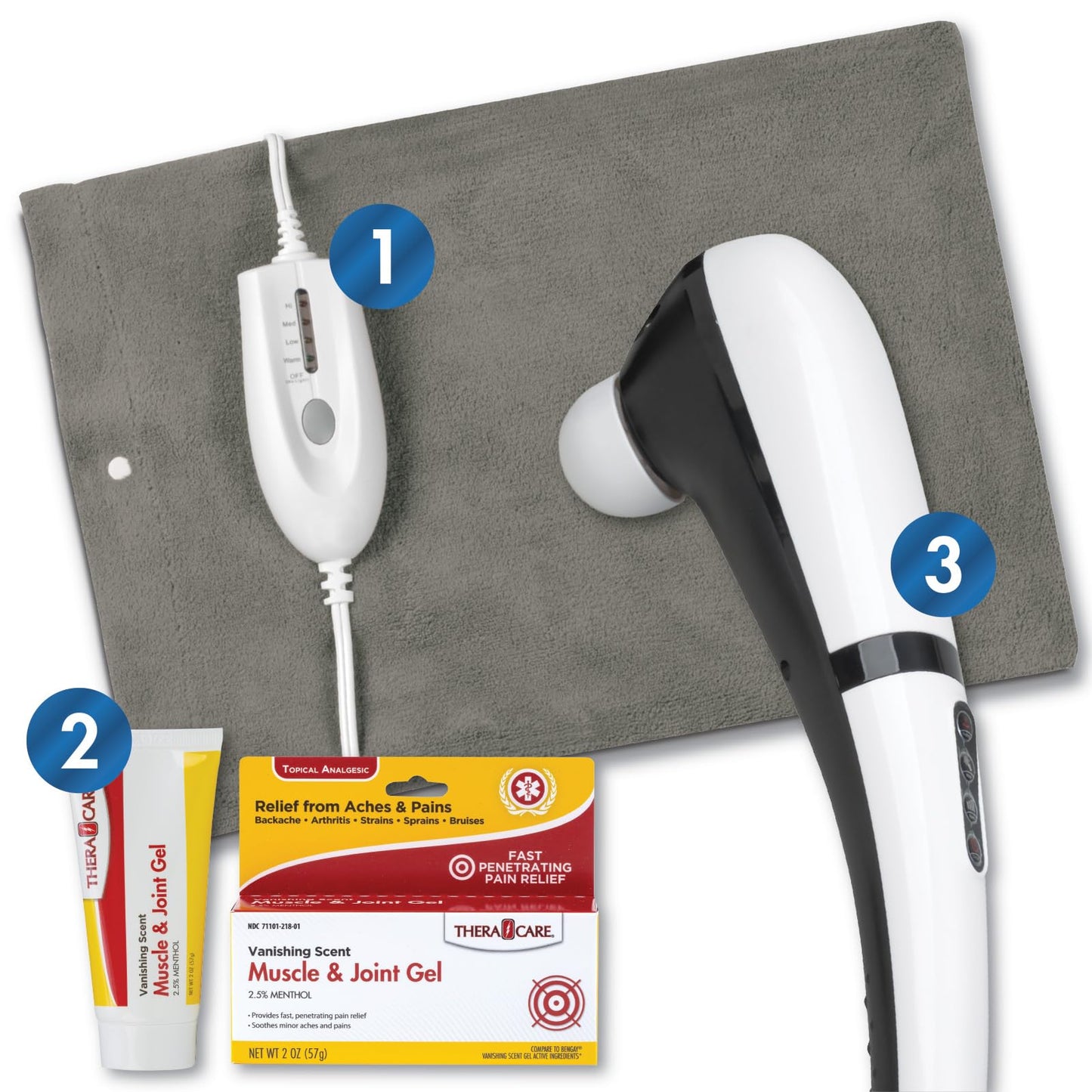 Pain Management Bundle 3-Piece | Personal Deep Tissue Massager | Muscle & Joint Pain Relief Gel | Deluxe Moist Dry Heating Pad | Therapeutic Care at Home | Whole Family Care - dailyvitalstore