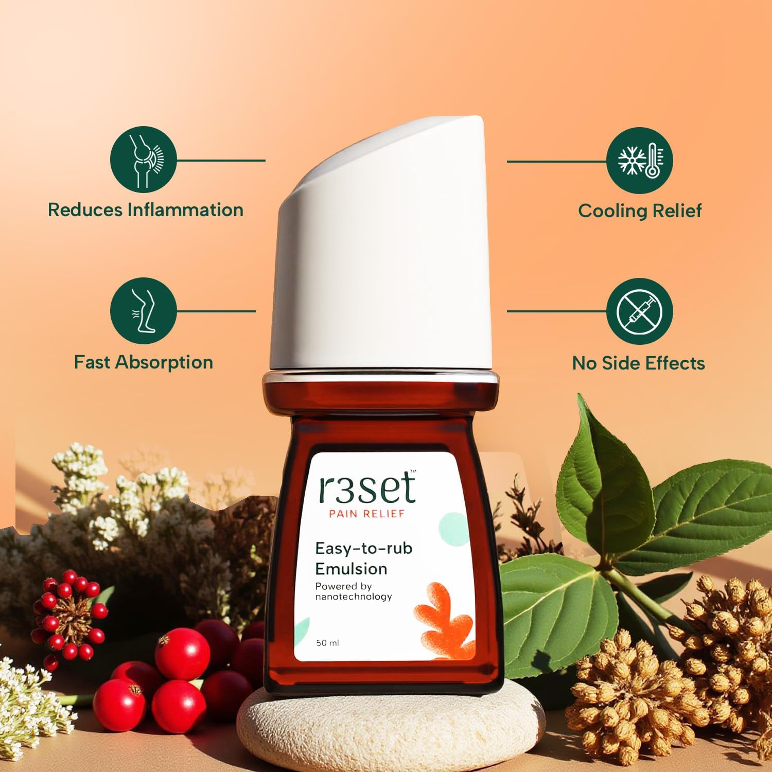 Pain Relief Emulsion Roll-On | Fast Relief for Muscle, Joint, Back, Neck, Knee Pain, Sports Injuries | 100% Natural, Absorbs Easily, No Side Effects | Herbal Ingredients for Aches & Soreness - 50ml - dailyvitalstore