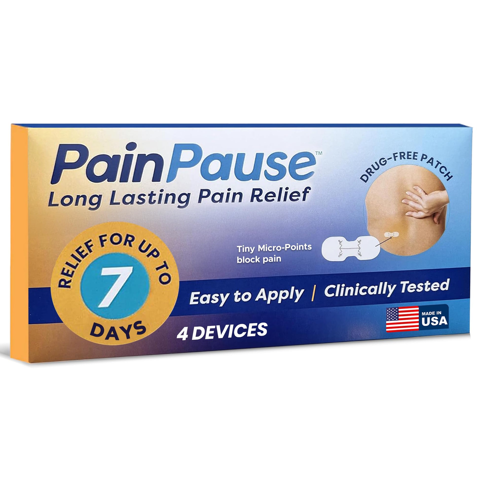 PainPause Long Lasting Pain Relief - Back, Hip, Knee, Neck, Plantar Fasciitis, and Others - Relief for Up to 7 Days, Clinically Tested, 4 Devices in 2 Pouches - dailyvitalstore