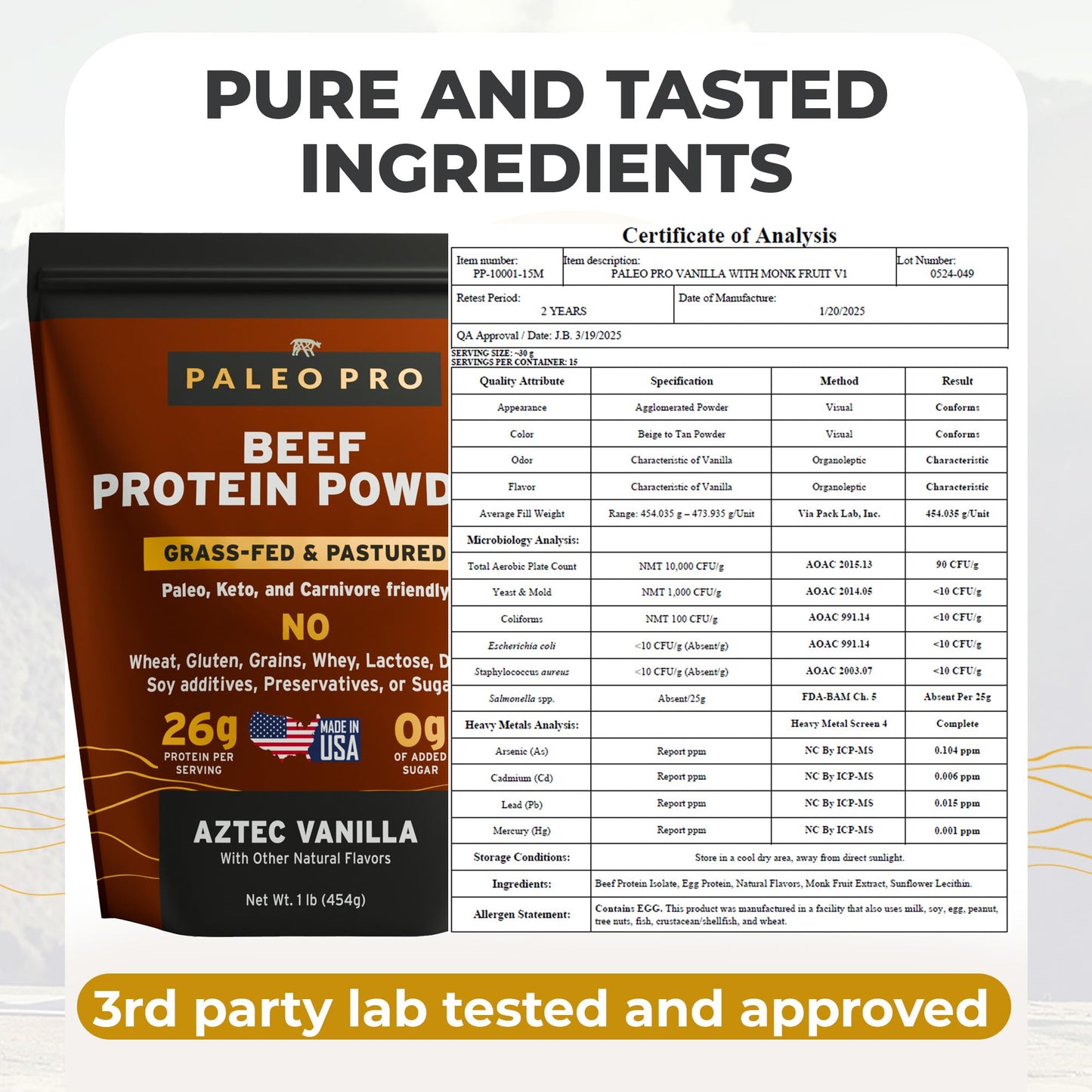 Paleo Pro 26G Beef Protein Powder - Grass Fed Protein Powder Isolate - Pure Animal Based Pastured & Cage-Free | Dairy & Gluten Free, Natural & Clean Proteins for Paleo & Keto - 15 Days Supply Vanilla - dailyvitalstore