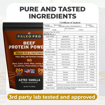 Paleo Pro 26G Beef Protein Powder - Grass Fed Protein Powder Isolate - Pure Animal Based Pastured & Cage-Free | Dairy & Gluten Free, Natural & Clean Proteins for Paleo & Keto - 15 Days Supply Vanilla - dailyvitalstore