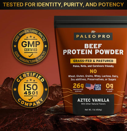 Paleo Pro 26G Beef Protein Powder - Grass Fed Protein Powder Isolate - Pure Animal Based Pastured & Cage-Free | Dairy & Gluten Free, Natural & Clean Proteins for Paleo & Keto - 15 Days Supply Vanilla - dailyvitalstore