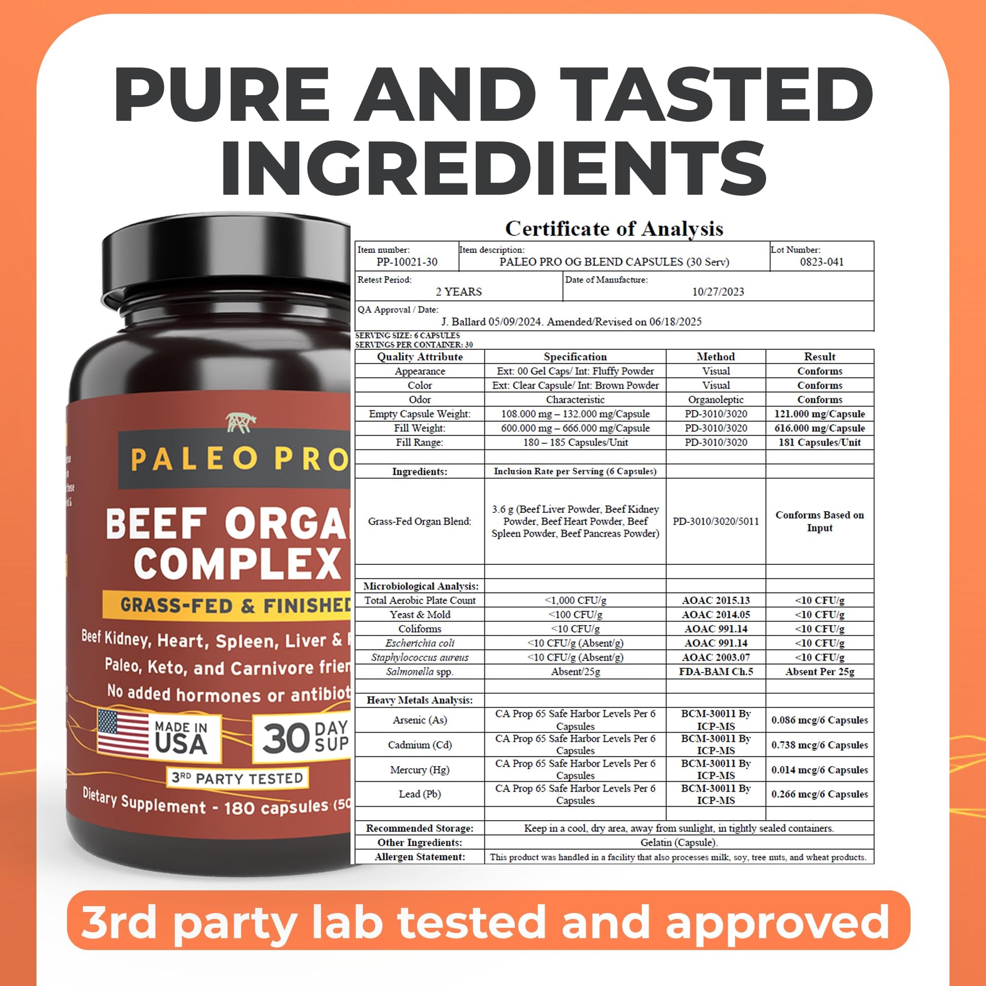 Paleo Pro O.G. Blend Premium Beef Organs Capsules, Kidney, Heart, Liver, Spleen and Pancreas from Grass Fed & Pastured Cows, Dietary Supplement, No GMO, 180 Capsules (Beef Organ Complex) - dailyvitalstore