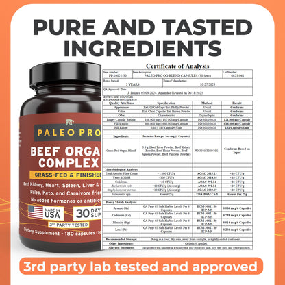 Paleo Pro O.G. Blend Premium Beef Organs Capsules, Kidney, Heart, Liver, Spleen and Pancreas from Grass Fed & Pastured Cows, Dietary Supplement, No GMO, 180 Capsules (Beef Organ Complex) - dailyvitalstore