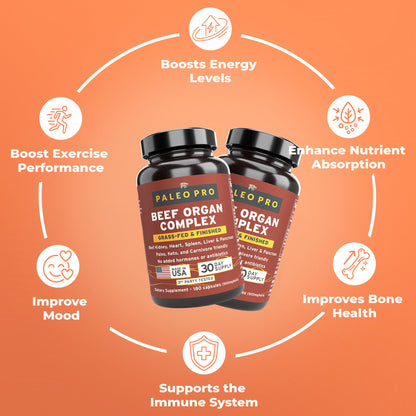 Paleo Pro O.G. Blend Premium Beef Organs Capsules, Kidney, Heart, Liver, Spleen and Pancreas from Grass Fed & Pastured Cows, Dietary Supplement, No GMO, 180 Capsules (Beef Organ Complex) - dailyvitalstore