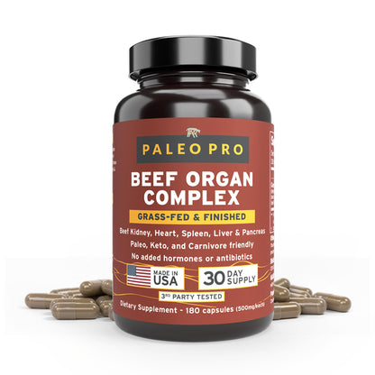 Paleo Pro O.G. Blend Premium Beef Organs Capsules, Kidney, Heart, Liver, Spleen and Pancreas from Grass Fed & Pastured Cows, Dietary Supplement, No GMO, 180 Capsules (Beef Organ Complex) - dailyvitalstore