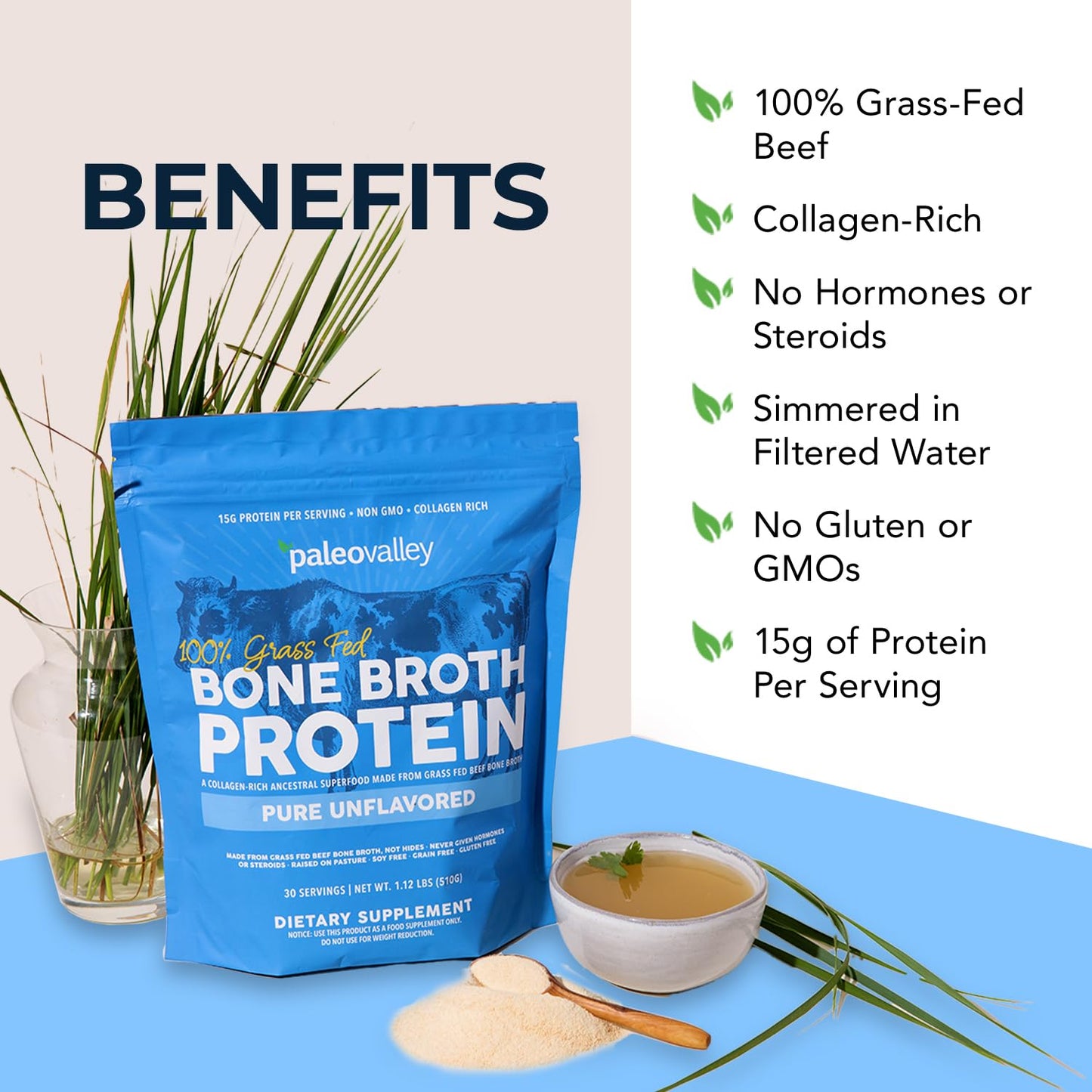 Paleovalley 100% Grass Fed Beef Bone Broth Protein Powder - Rich in Collagen Peptides for Hair, Skin, Gut Health, Bone and Joint Support - dailyvitalstore