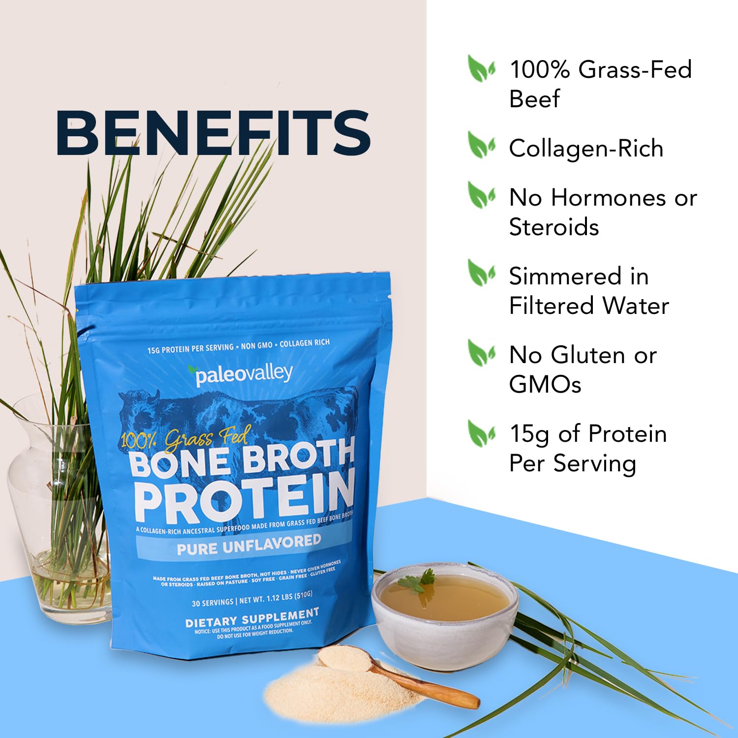 Paleovalley 100% Grass Fed Beef Bone Broth Protein Powder - Rich in Collagen Peptides for Hair, Skin, Gut Health, Bone and Joint Support - dailyvitalstore