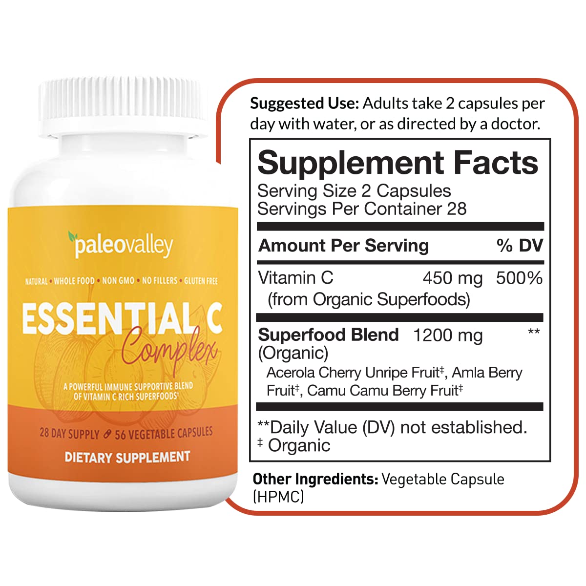 Paleovalley Essential C Complex - Vitamin C Supplement for Immune Support - 1 Pack, 450mg - Organic Superfoods Unripe Acerola Cherry, Camu Camu, Amla Berry - dailyvitalstore