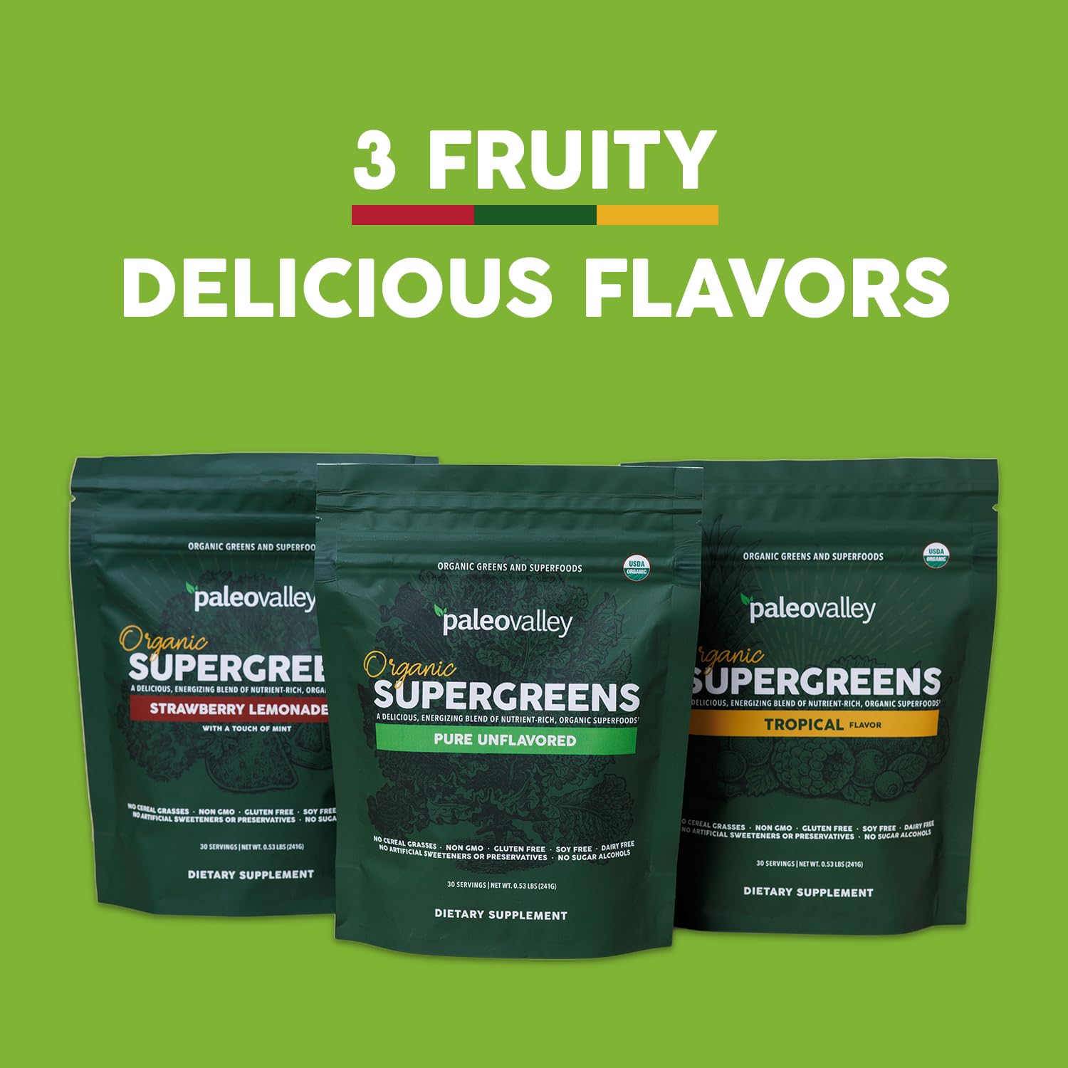 Paleovalley Organic Supergreens Powder - 23 Superfoods with Prebiotic Fiber for Energy and Immunity Support - No Cereal Grasses for Maximum Absorption - Pure Unflavored, 30 Servings - dailyvitalstore