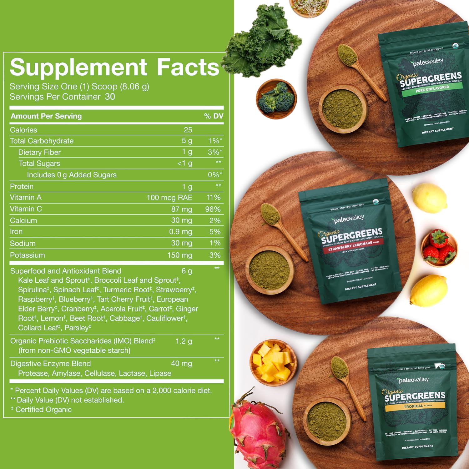 Paleovalley Organic Supergreens Powder - 23 Superfoods with Prebiotic Fiber for Energy and Immunity Support - No Cereal Grasses for Maximum Absorption - Pure Unflavored, 30 Servings - dailyvitalstore