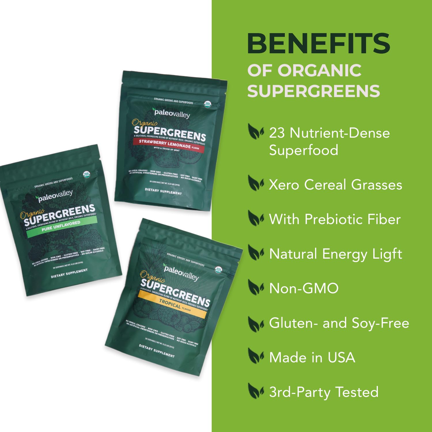 Paleovalley Organic Supergreens Powder - 23 Superfoods with Prebiotic Fiber for Energy and Immunity Support - No Cereal Grasses for Maximum Absorption - Pure Unflavored, 30 Servings - dailyvitalstore
