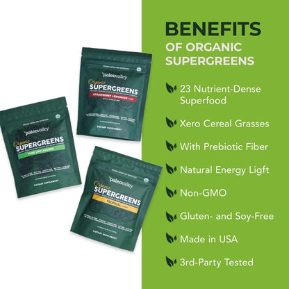 Paleovalley Organic Supergreens Powder - 23 Superfoods with Prebiotic Fiber for Energy and Immunity Support - No Cereal Grasses for Maximum Absorption - Pure Unflavored, 30 Servings - dailyvitalstore