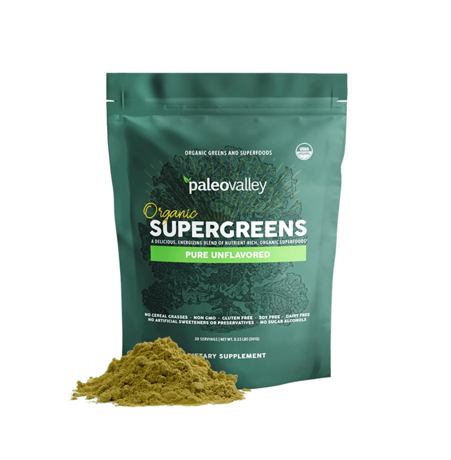 Paleovalley Organic Supergreens Powder - 23 Superfoods with Prebiotic Fiber for Energy and Immunity Support - No Cereal Grasses for Maximum Absorption - Pure Unflavored, 30 Servings - dailyvitalstore
