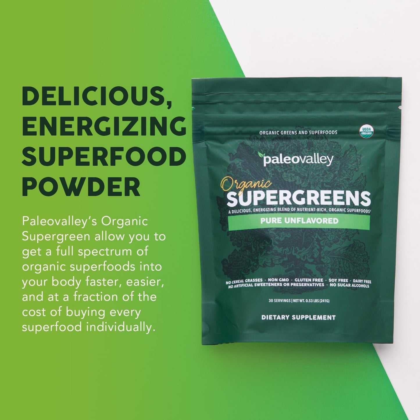 Paleovalley Organic Supergreens Powder - 23 Superfoods with Prebiotic Fiber for Energy and Immunity Support - No Cereal Grasses for Maximum Absorption - Pure Unflavored, 30 Servings - dailyvitalstore
