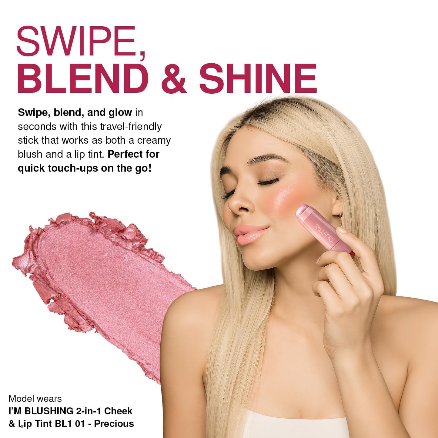 Palladio I'm Blushing 2-in-1 Cheek and Lip Tint, Buildable Lightweight Cream Blush, Sheer Multi Stick Hydrating formula, All day wear, Easy Application, Shimmery, Blends Perfectly onto Skin, Darling - dailyvitalstore