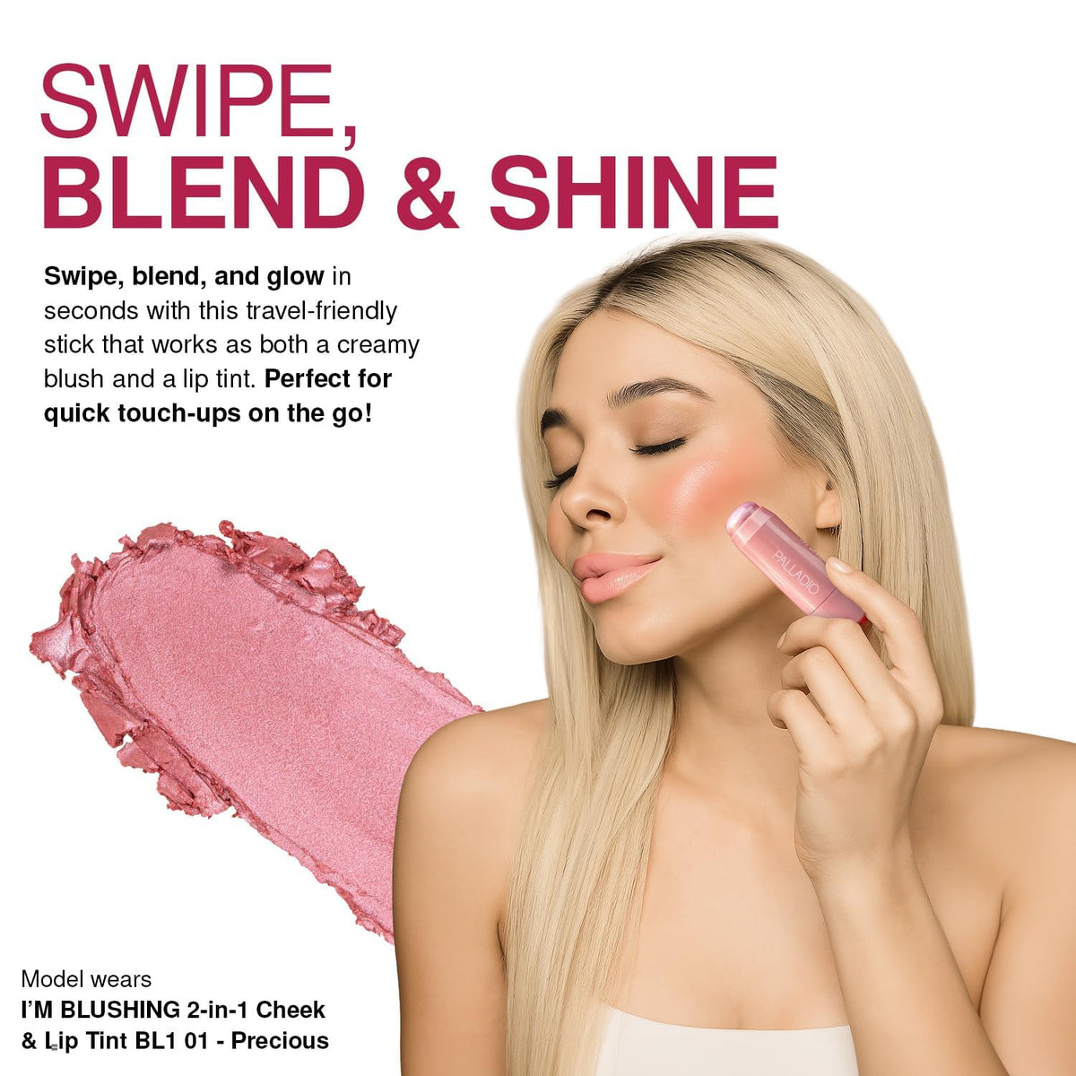 Palladio I'm Blushing 2-in-1 Cheek and Lip Tint, Buildable Lightweight Cream Blush, Sheer Multi Stick Hydrating formula, All day wear, Easy Application, Shimmery, Blends Perfectly onto Skin, Darling - dailyvitalstore