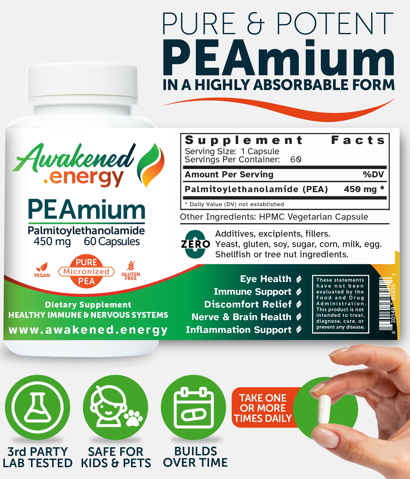 Palmitoylethanolamide 450mg Comfort Mobility Nerves Cognitive & Immune Support - Micronized High Absorption - All Natural Pea - USA Made - No Additives or Excipients – 60 Vegan Capsules Supplement - dailyvitalstore
