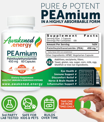 Palmitoylethanolamide 450mg Comfort Mobility Nerves Cognitive & Immune Support - Micronized High Absorption - All Natural Pea - USA Made - No Additives or Excipients – 60 Vegan Capsules Supplement - dailyvitalstore