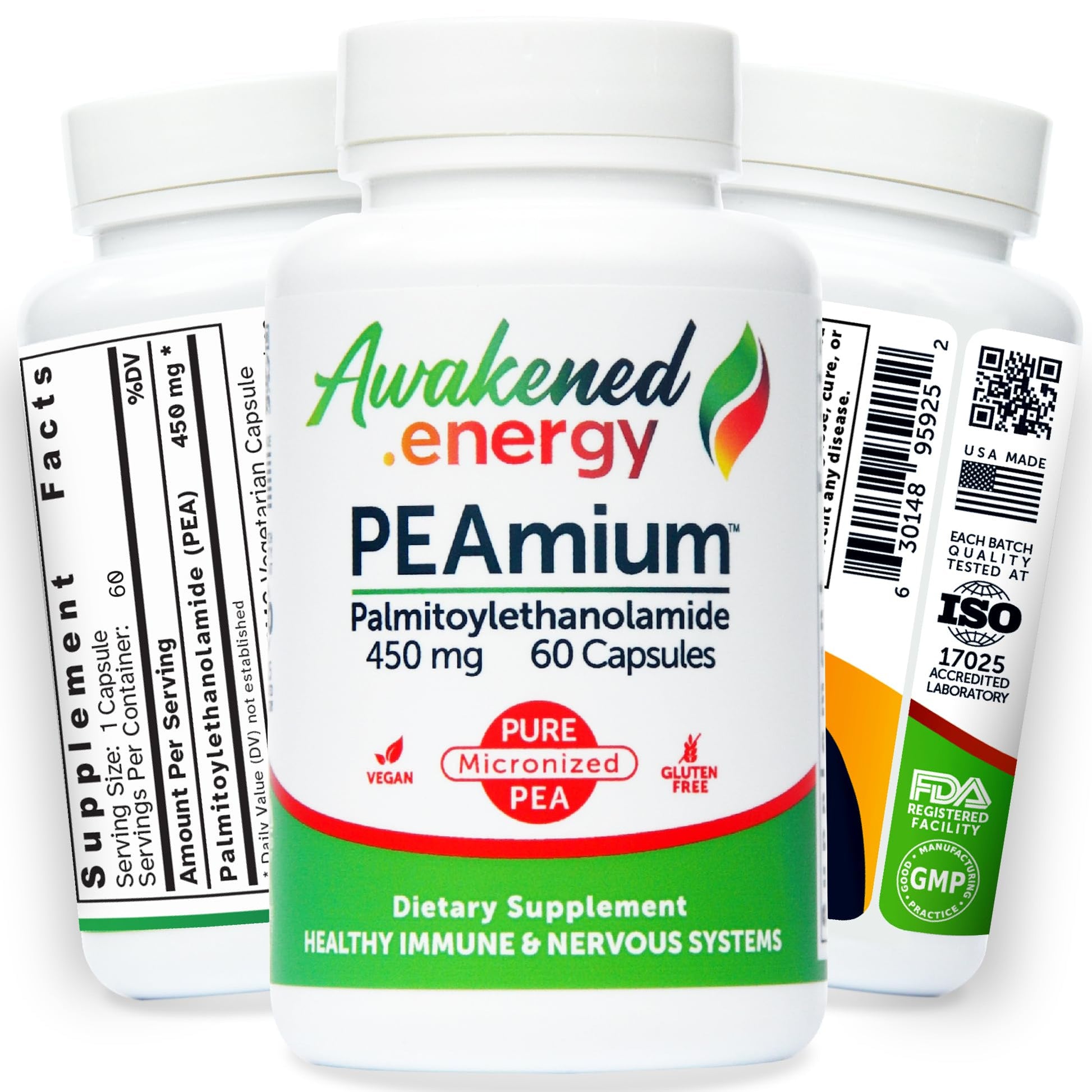 Palmitoylethanolamide 450mg Comfort Mobility Nerves Cognitive & Immune Support - Micronized High Absorption - All Natural Pea - USA Made - No Additives or Excipients – 60 Vegan Capsules Supplement - dailyvitalstore