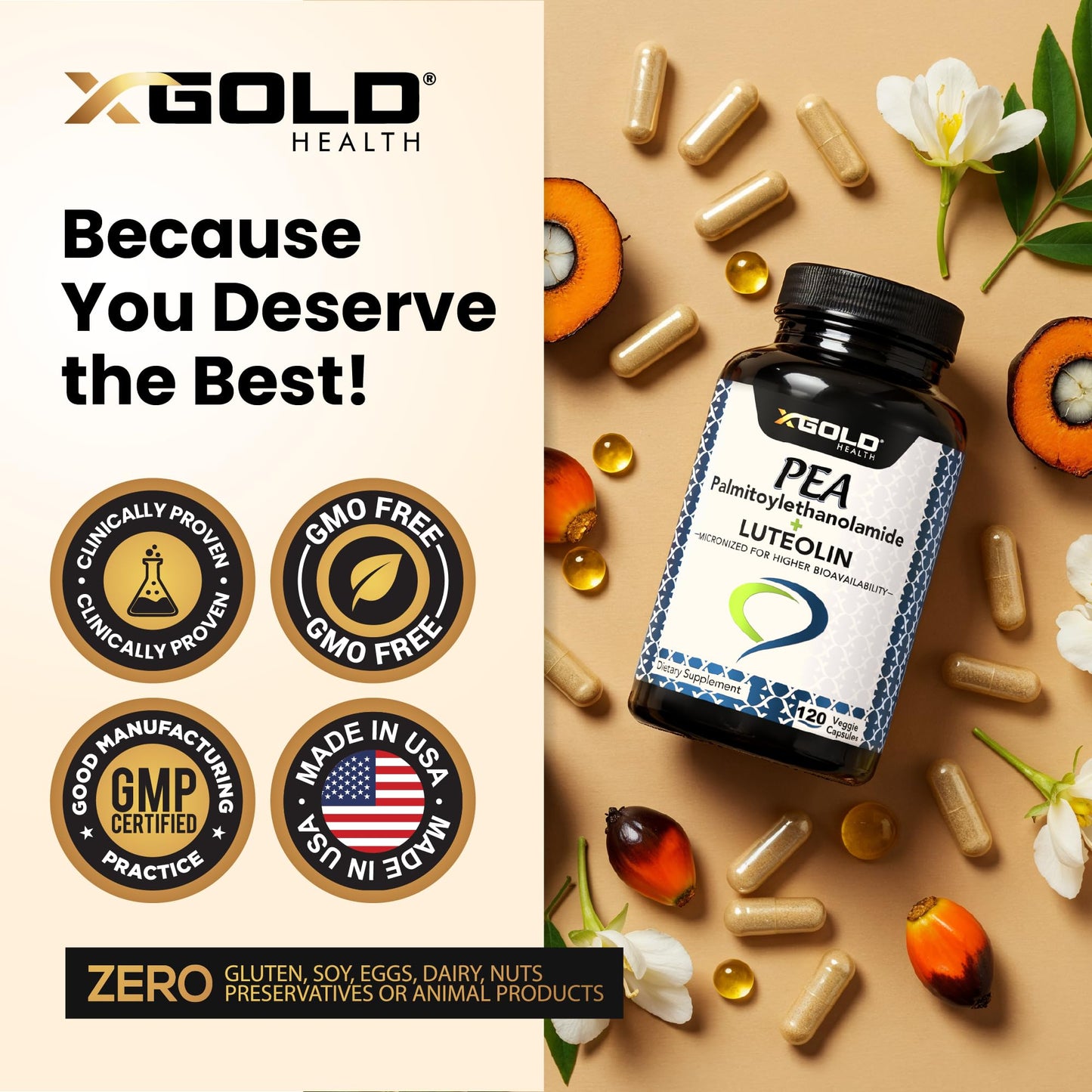 Palmitoylethanolamide 630 mg + Luteolin Standardized 98%- Micronized Pea 99% Highly Purified and Bioavailable - Made in USA - Supplement for Men and Women - 120 Veggie Capsules - dailyvitalstore